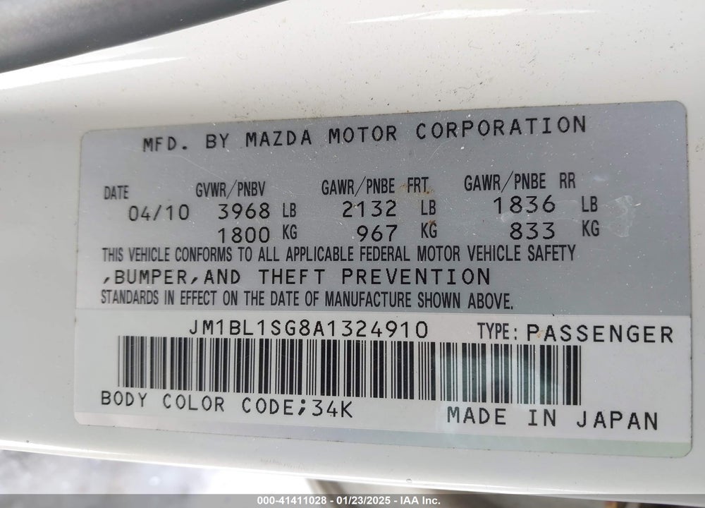2010 MAZDA MAZDA3 VIN: JM1BL1SG8A1324910