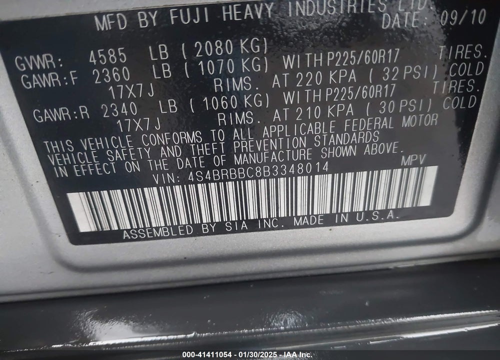 2011 SUBARU OUTBACK 2.5I PREMIUM VIN: 4S4BRBBC8B3348014