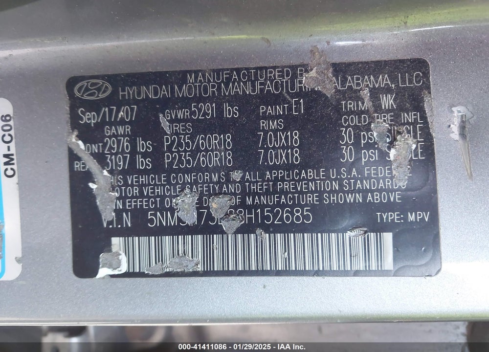 2008 HYUNDAI SANTA FE LIMITED/SE VIN: 5NMSH73E88H152685