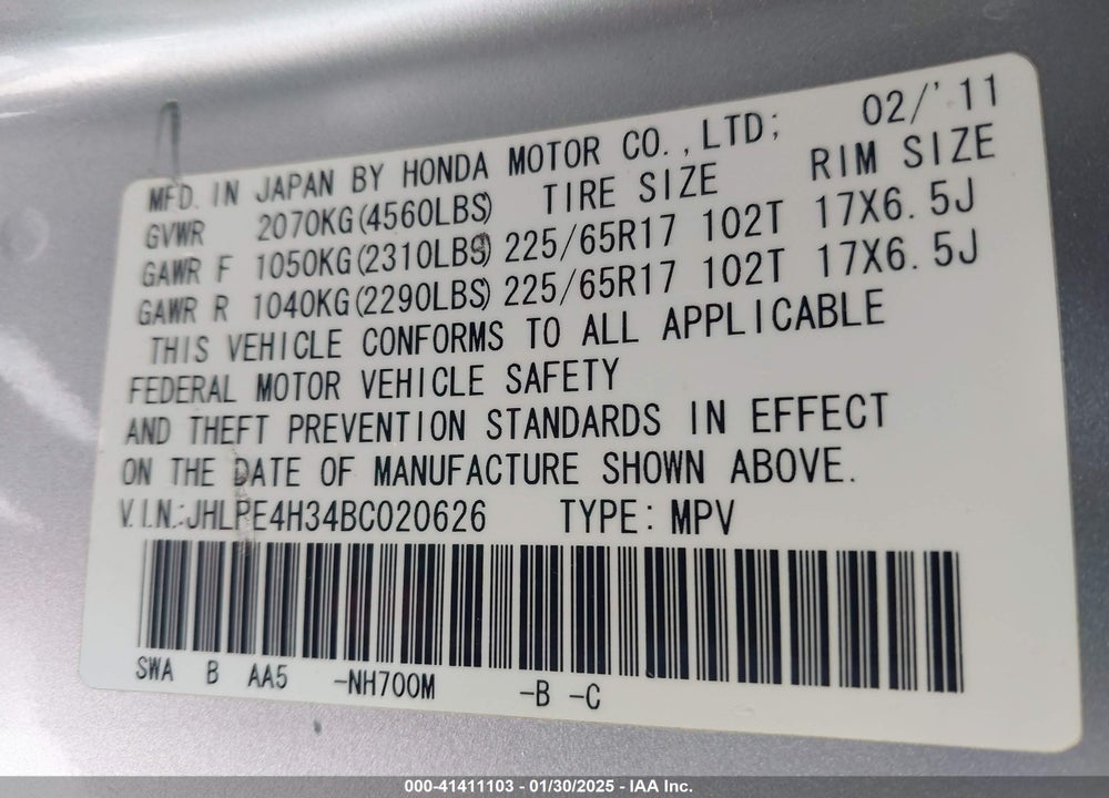 2011 HONDA CR-V LX VIN: JHLRE4H34BC020626