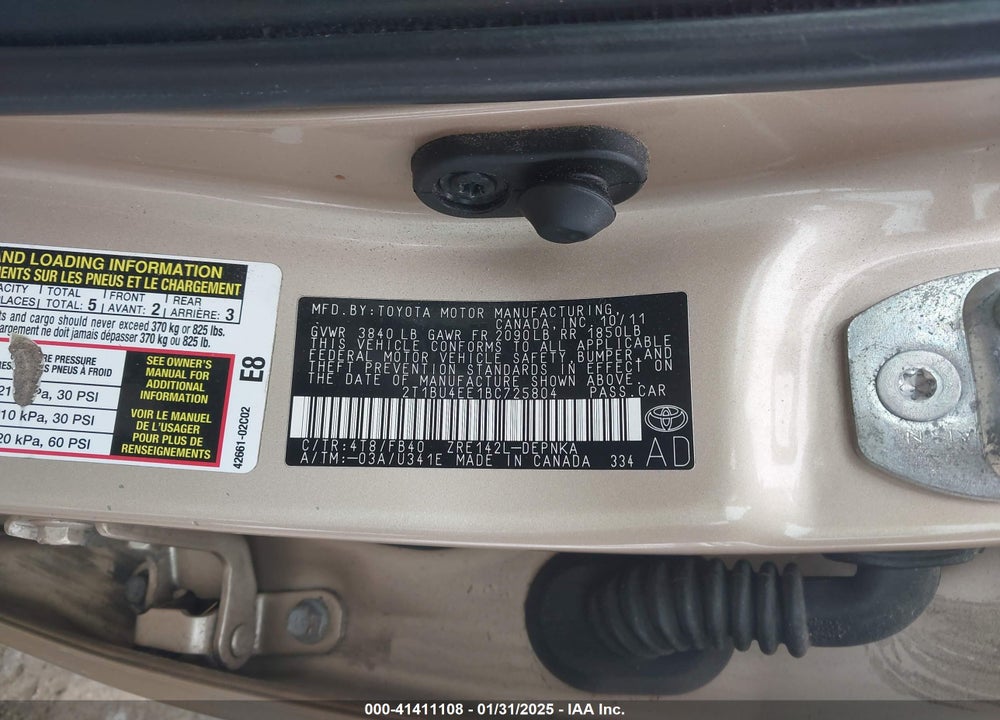2011 TOYOTA COROLLA LE VIN: 2T1BU4EE1BC725804