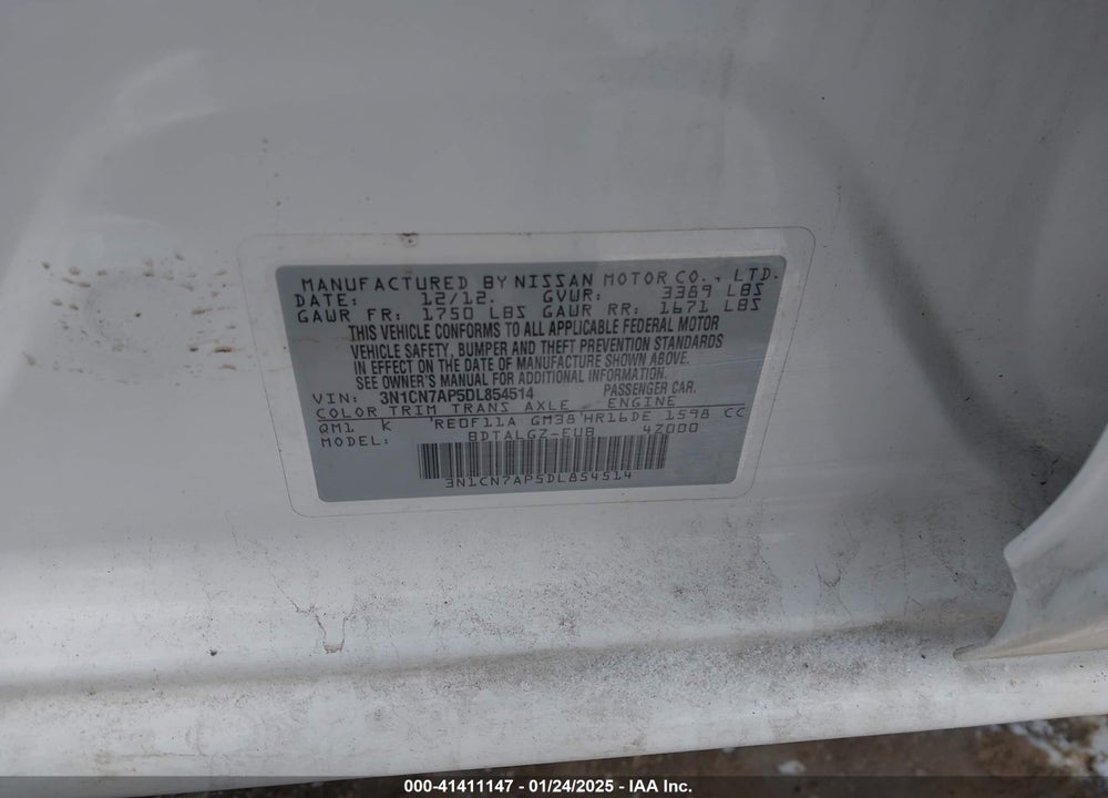 2013 NISSAN VERSA VIN: 3N1CN7AP5DL854514