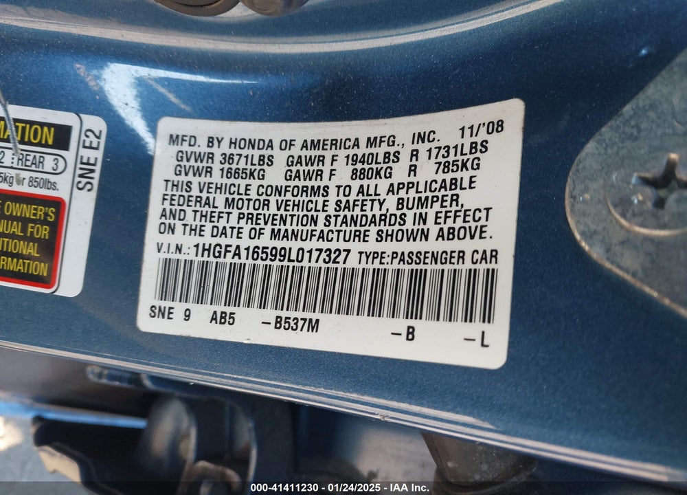 2009 HONDA CIVIC LX VIN: 1HGFA16599L017327