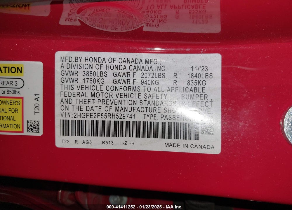 2024 HONDA CIVIC SPORT VIN: 2HGFE2F55RH529741