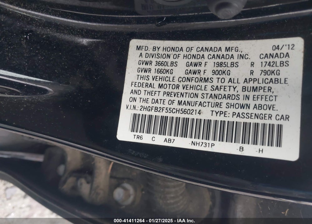 2012 HONDA CIVIC VIN: 2HGFB2F55CH560214