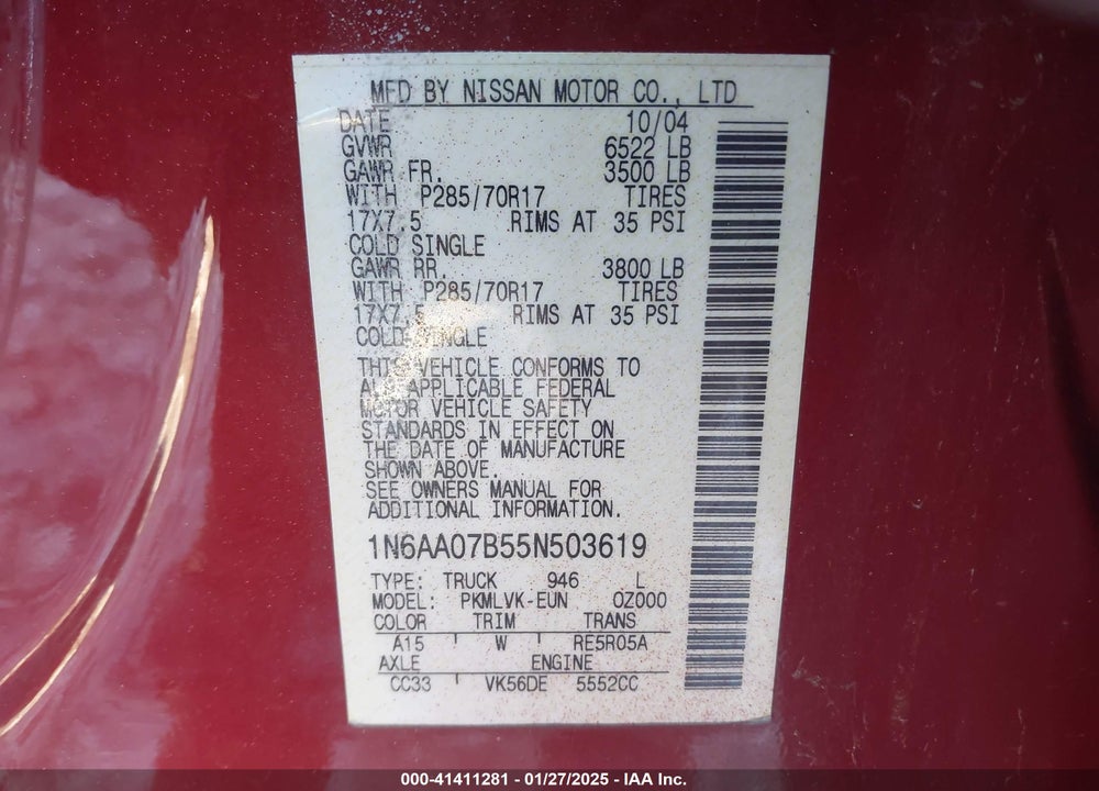 2005 NISSAN TITAN LE VIN: 1N6AA07B55N503619