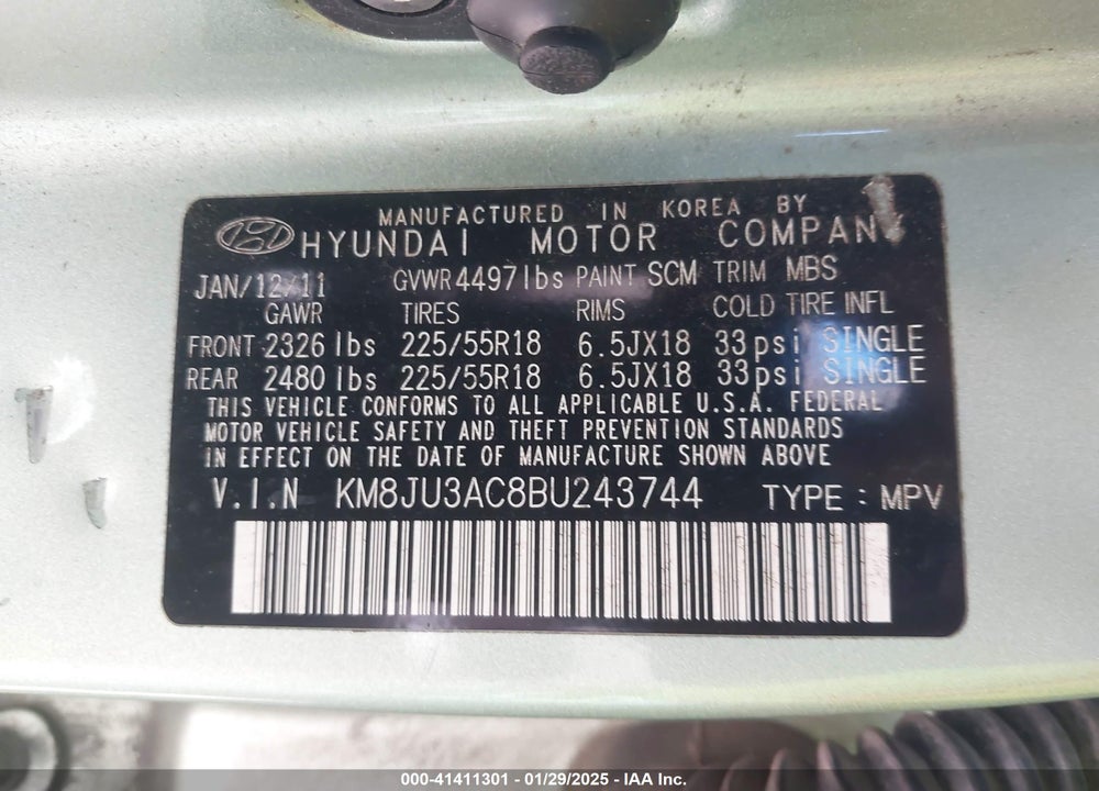 2011 HYUNDAI TUCSON LIMITED VIN: KM8JU3AC8BU243744