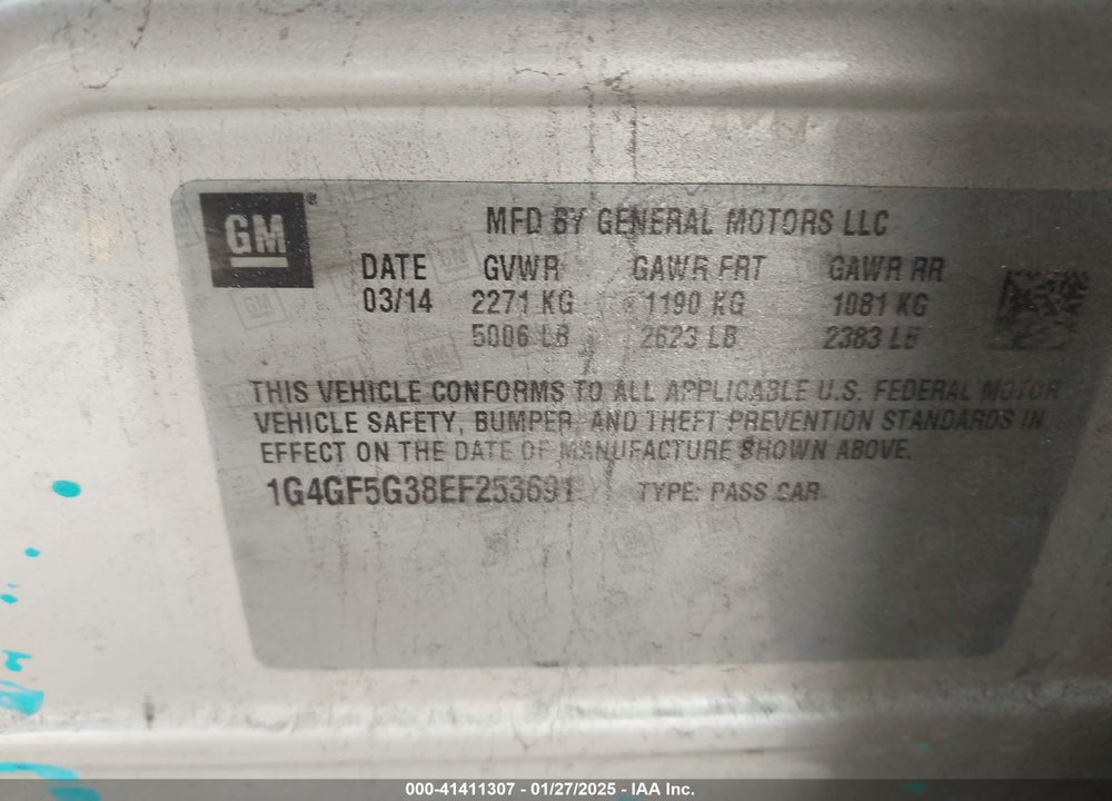 2014 BUICK LACROSSE VIN: 1G4GF5G38EF253691