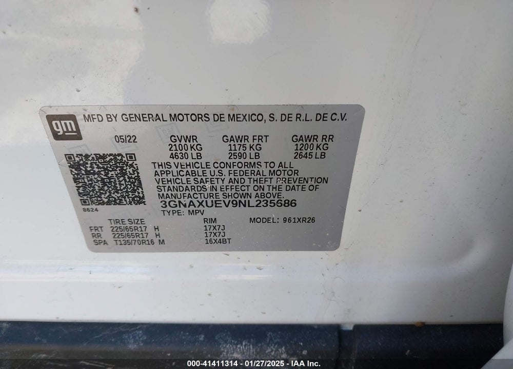 2022 CHEVROLET EQUINOX VIN: 3GNAXUEV9NL235686