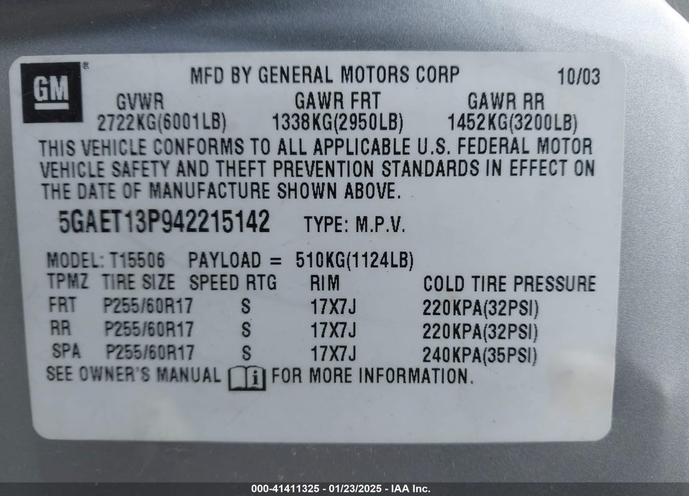 2004 BUICK RAINIER CXL PLUS VIN: 5GAET13P942215142
