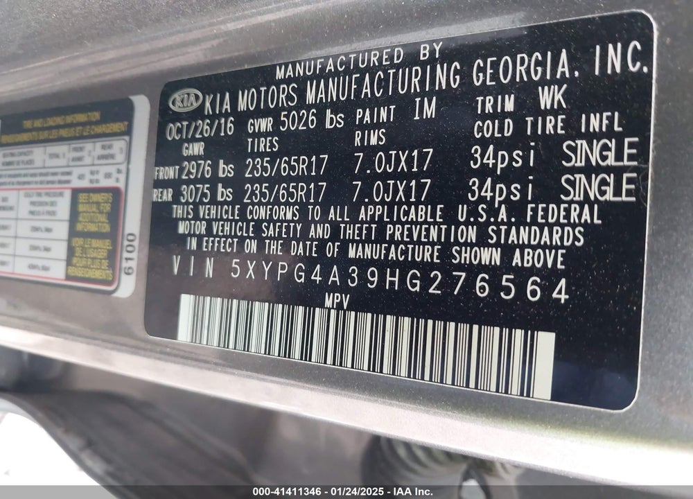 2017 KIA SORENTO 2.4L LX VIN: 5XYPG4A39HG276564