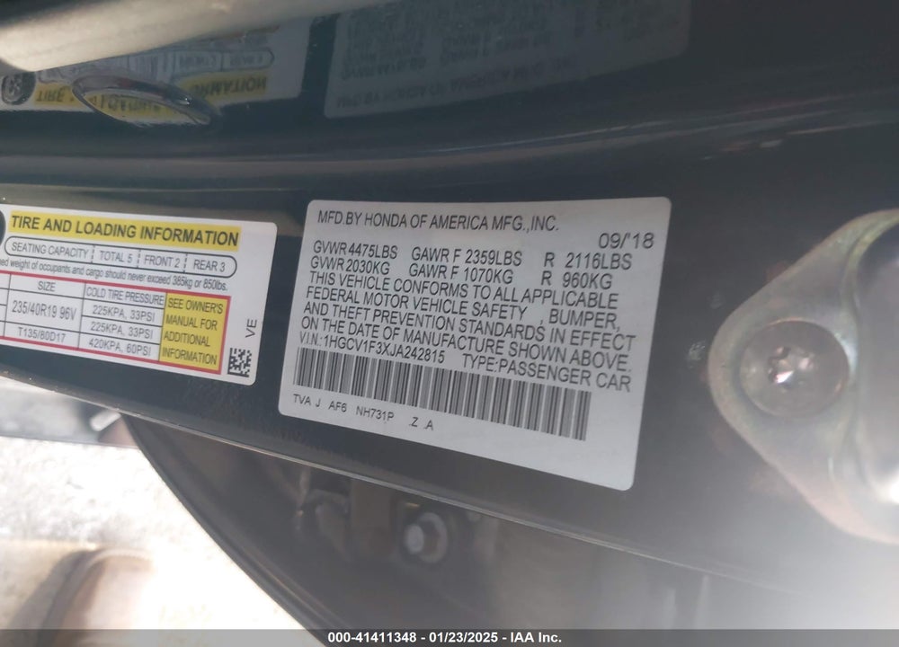 2018 HONDA ACCORD VIN: 1HGCV1F3XJA242815