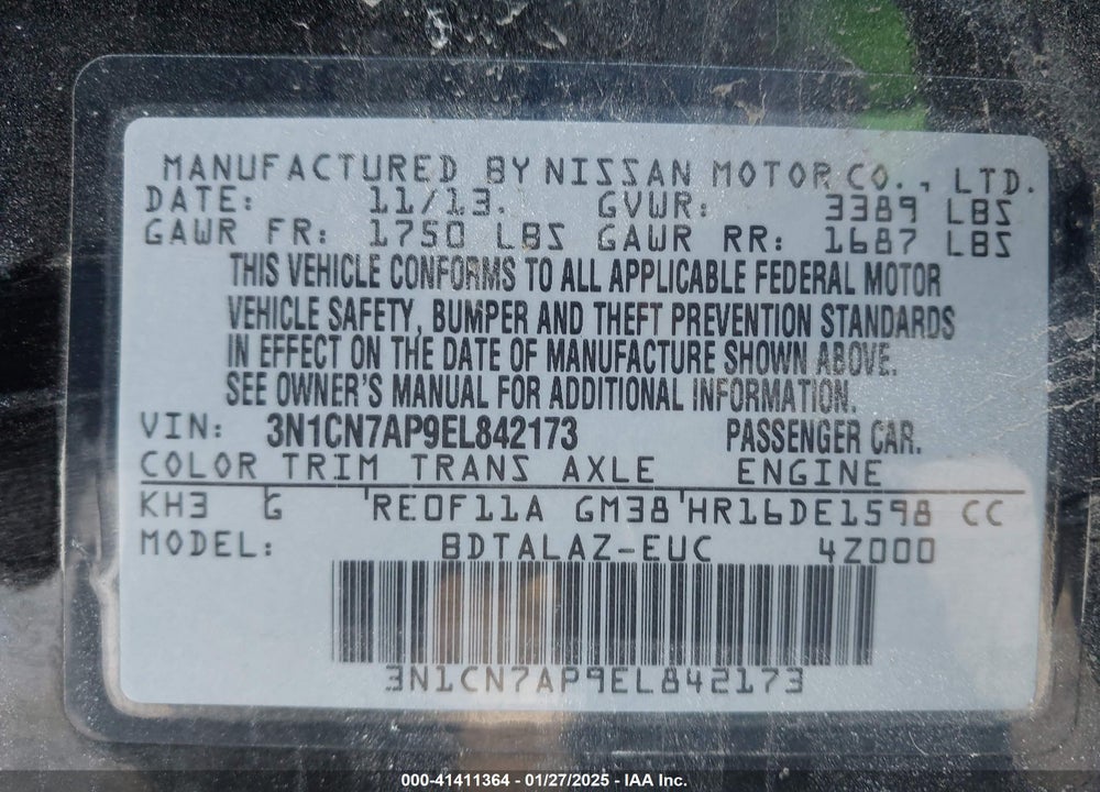 2014 NISSAN VERSA 1.6 S+ VIN: 3N1CN7AP9EL842173