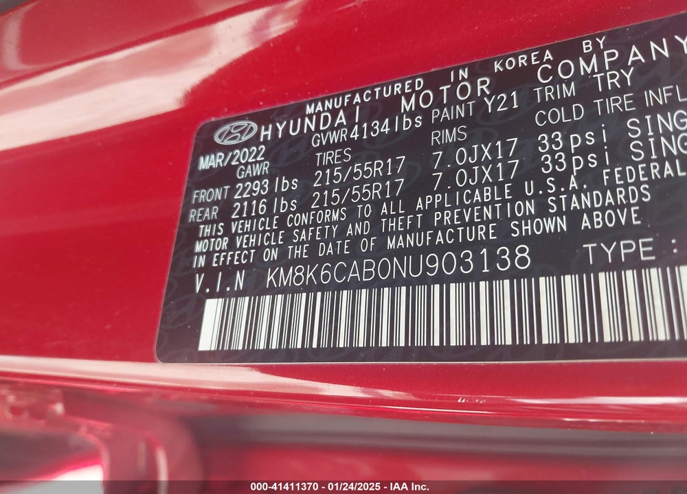 2022 HYUNDAI KONA SEL VIN: KM8K6CAB0NU903138