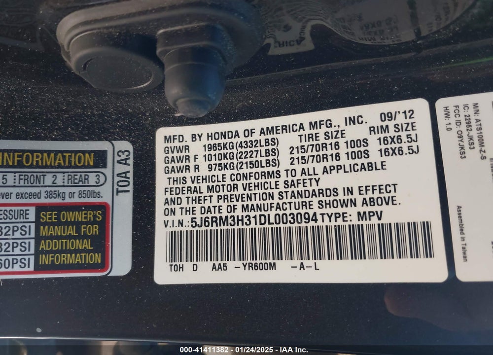 2013 HONDA CR-V LX VIN: 5J6RM3H31DL003094