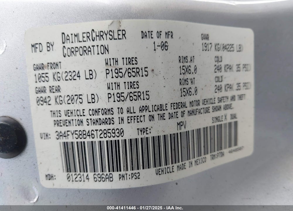 2006 CHRYSLER PT CRUISER VIN: 3A4FY58B46T285930