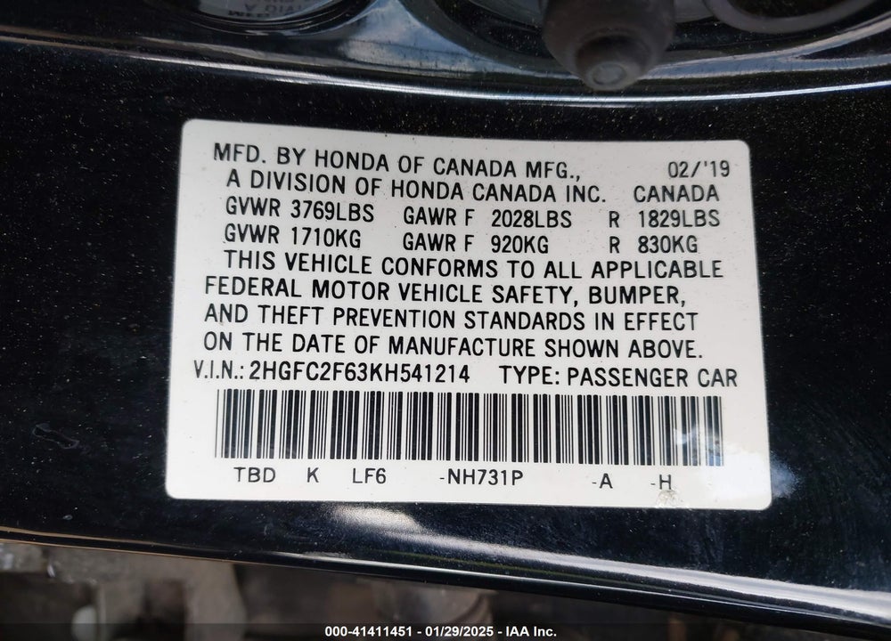2019 HONDA CIVIC VIN: 2HGFC2F63KH541214