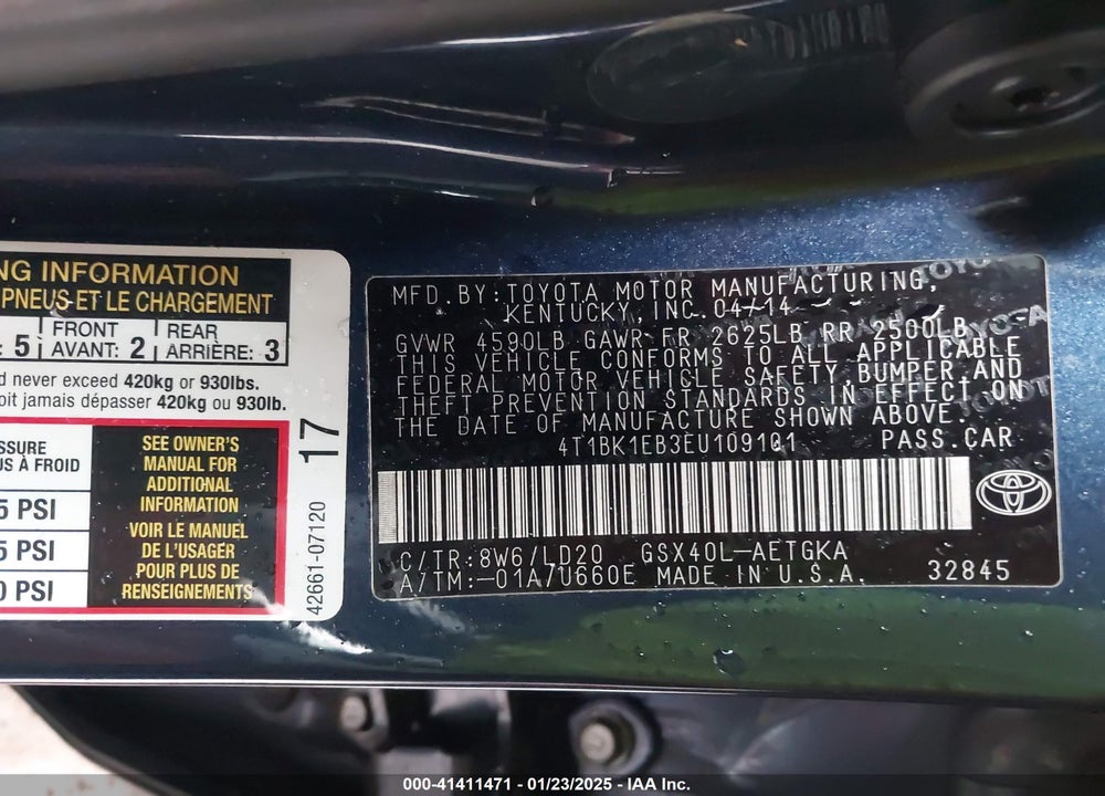 2014 TOYOTA AVALON XLE VIN: 4T1BK1EB3EU109101