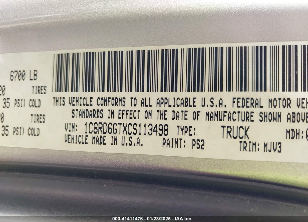 2012 DODGE RAM 1500 VIN: 1C6RD6GTXCS113498
