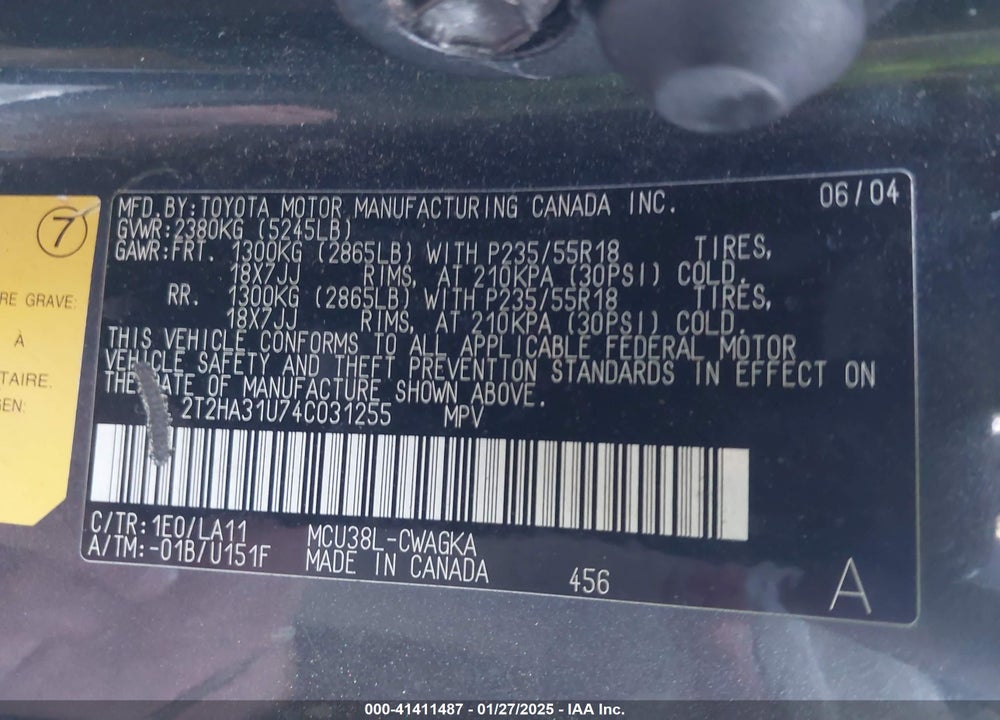 2004 LEXUS RX 330 VIN: 2T2HA31U74C031255
