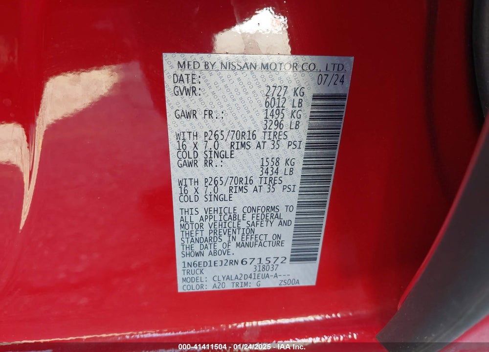 2024 NISSAN FRONTIER VIN: 1N6ED1EJ2RN671572