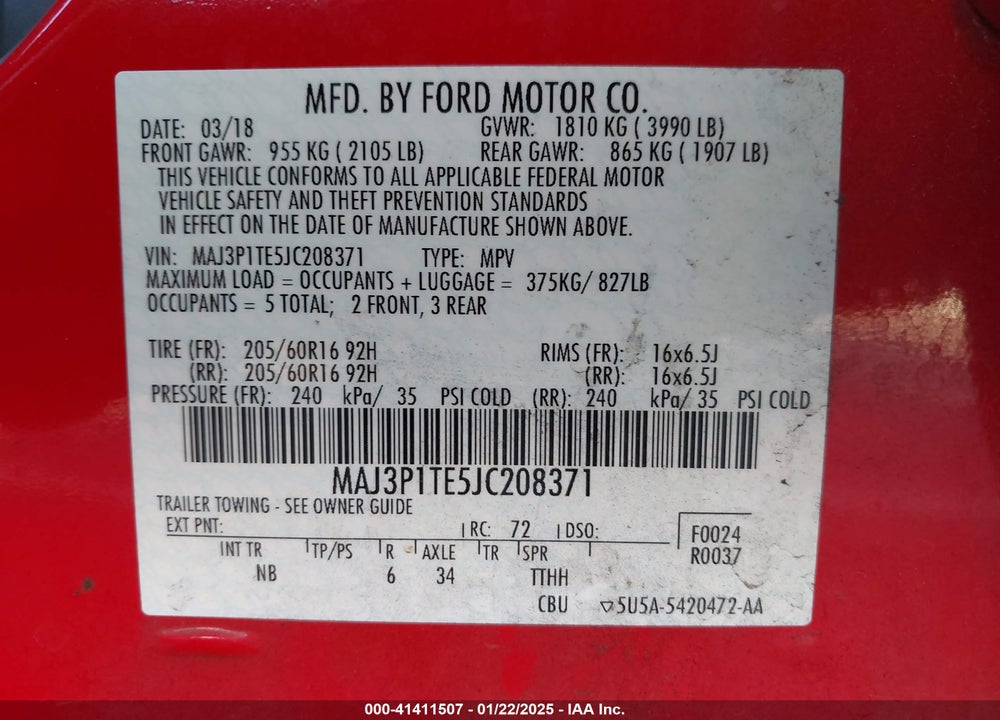 2018 FORD ECOSPORT SE VIN: MAJ3P1TE5JC208371