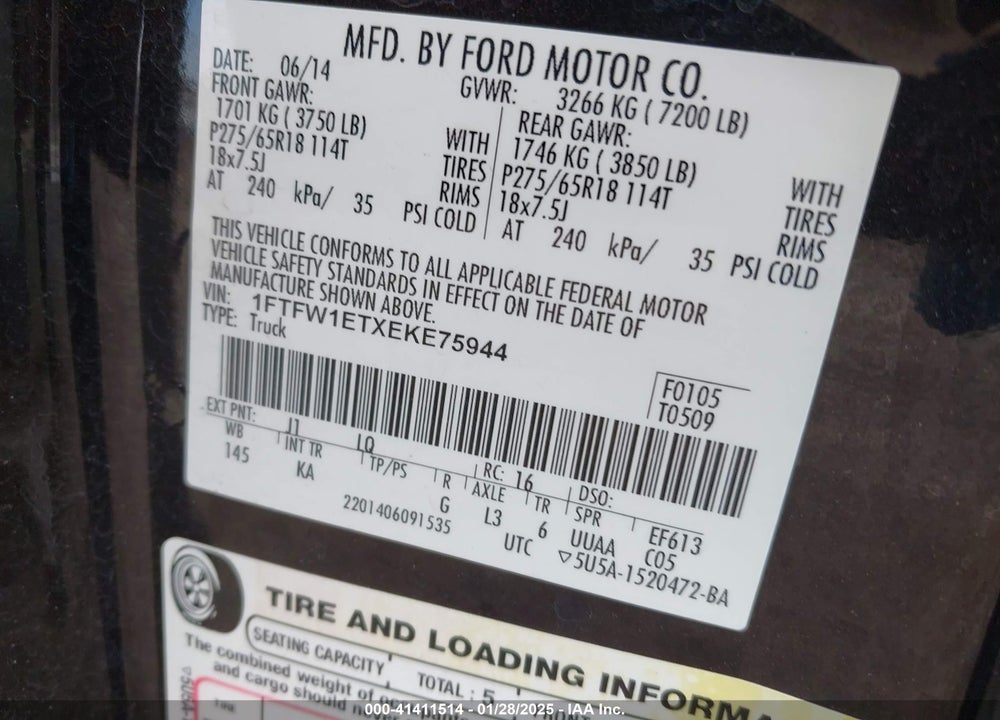 2014 FORD F-150 KING RANCH VIN: 1FTFW1ETXEKE75944