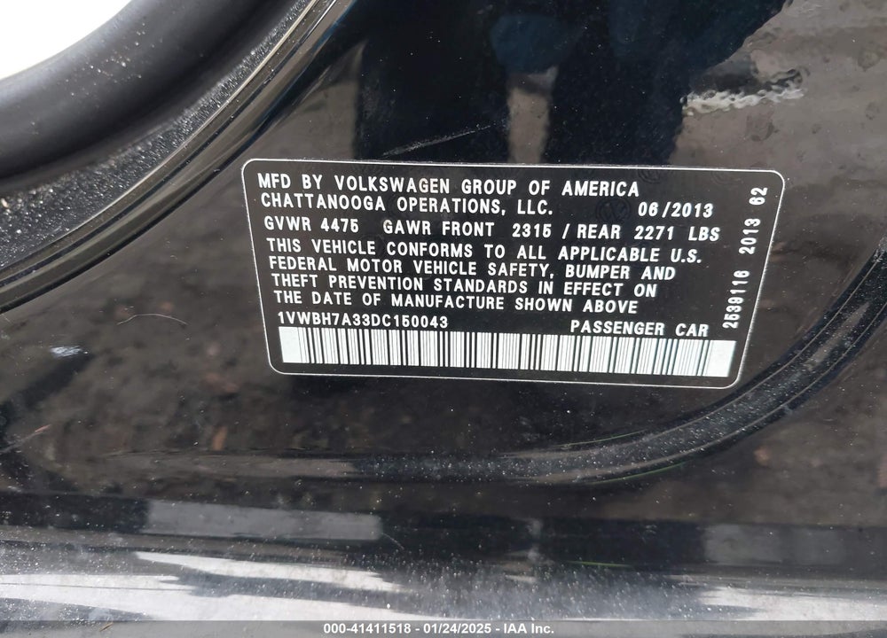 2013 VOLKSWAGEN PASSAT 2.5L SE VIN: 1VWBH7A33DC150043