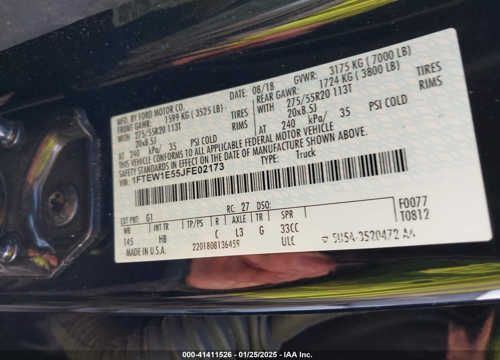 2018 FORD F150 VIN: 1FTEW1E55JFE02173