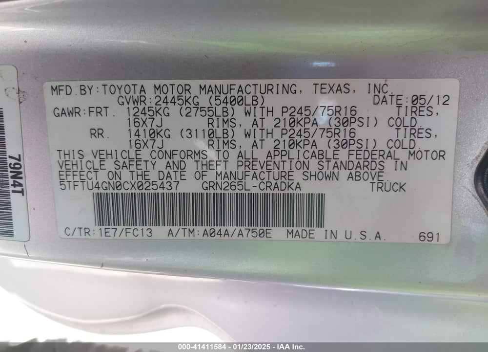 2012 TOYOTA TACOMA PRERUNNER ACCESS CAB VIN: 5TFTU4GN0CX025437