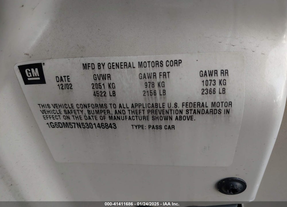 2003 CADILLAC CTS STANDARD VIN: 1G6DM57N530146843