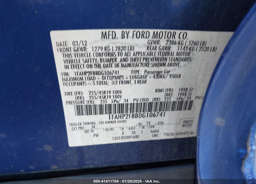 2013 FORD TAURUS LIMITED VIN: 1FAHP2F88DG106741