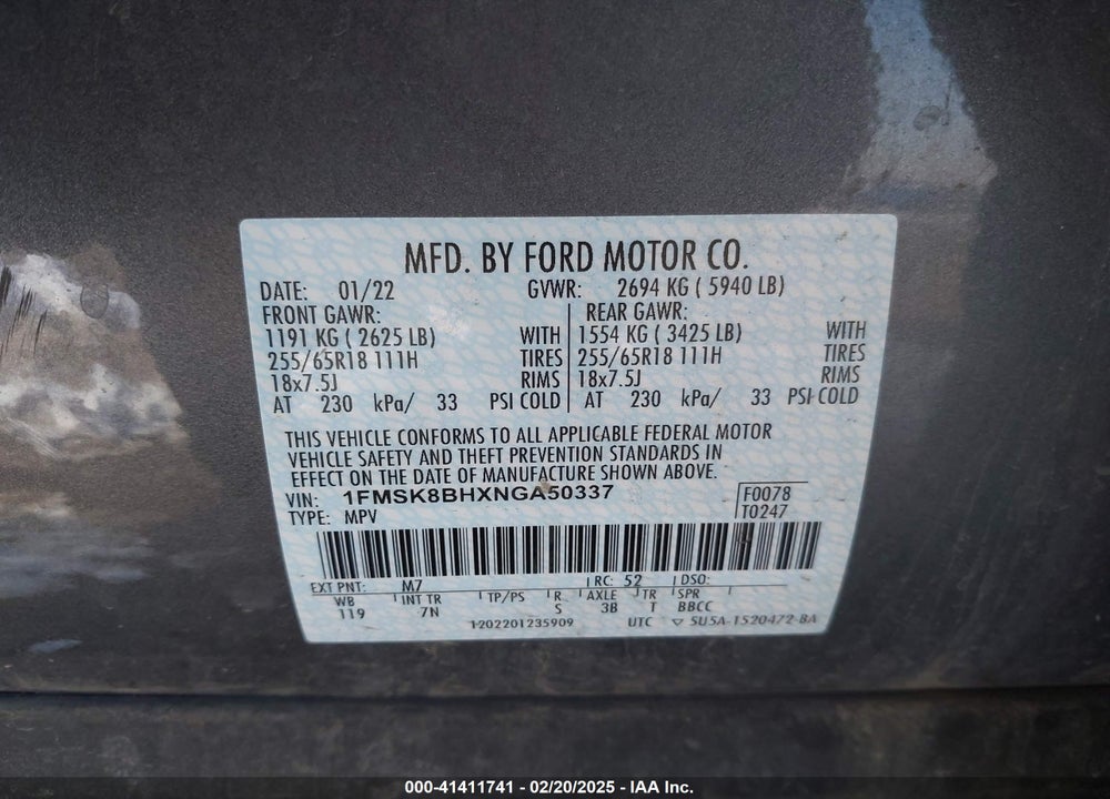2022 FORD EXPLORER VIN: 1FMSK8BHXNGA50337