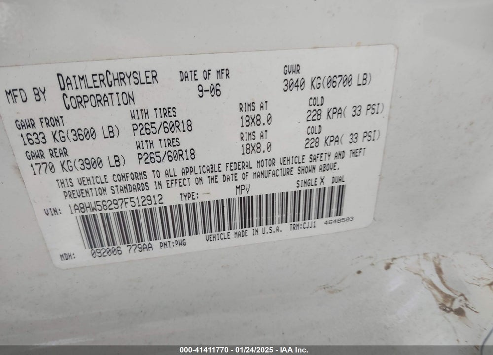 2007 CHRYSLER ASPEN LIMITED VIN: 1A8HW58297F512912