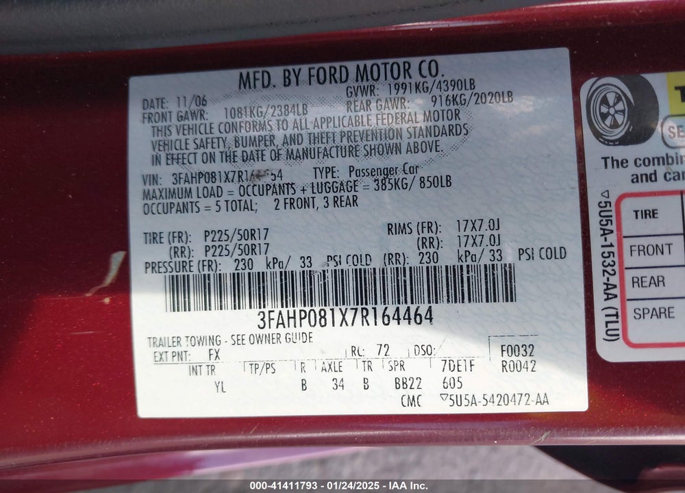 2007 FORD FUSION SEL VIN: 3FAHP081X7R164464