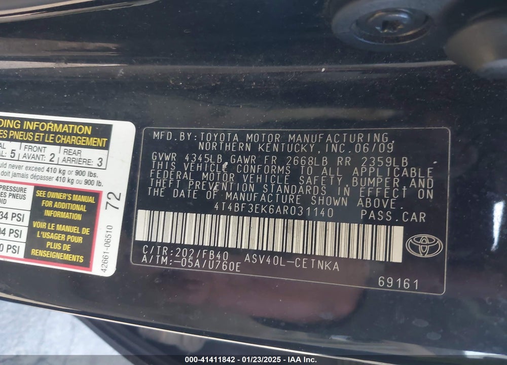 2010 TOYOTA CAMRY VIN: 4T4BF3EK6AR031140
