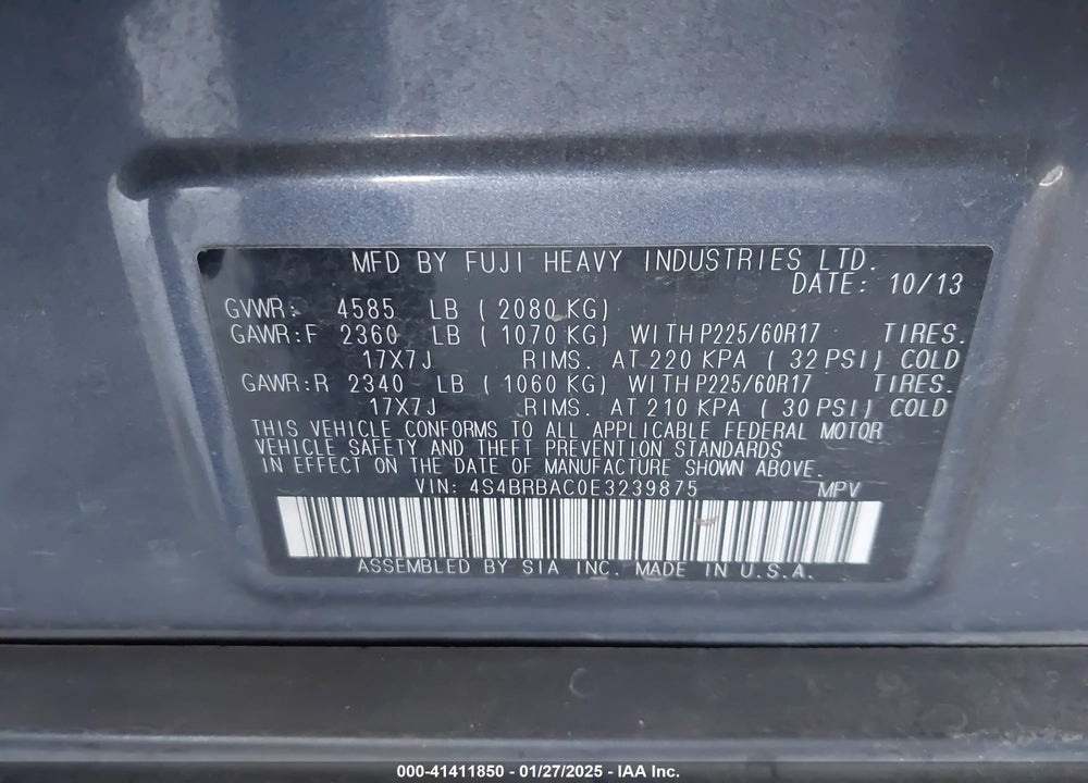 2014 SUBARU OUTBACK 2.5I VIN: 4S4BRBAC0E3239875