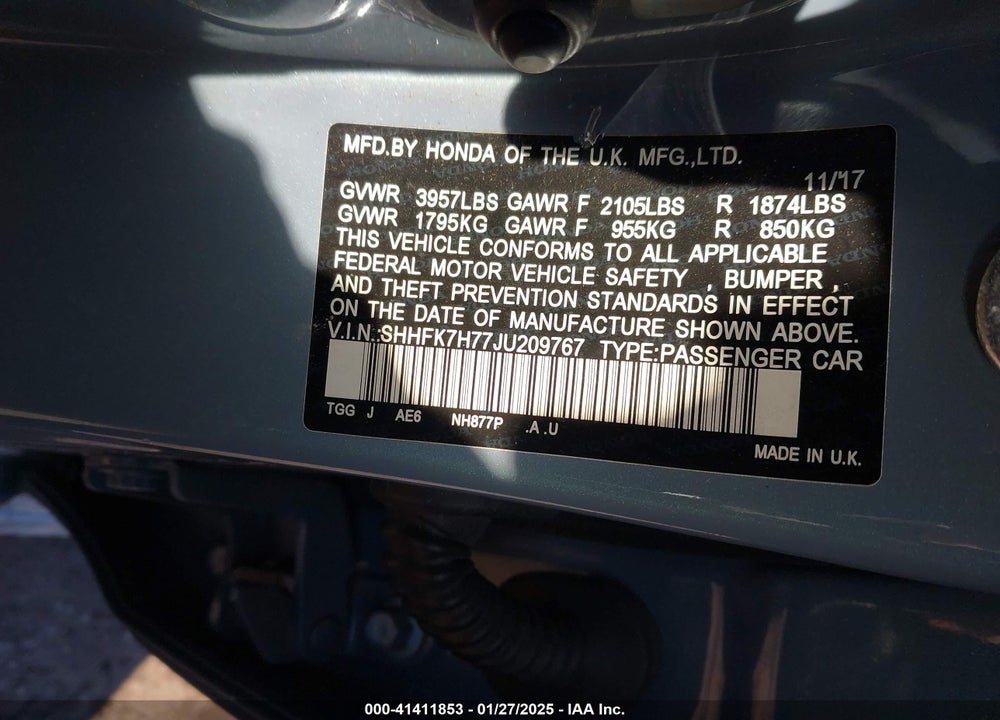 2018 HONDA CIVIC VIN: SHHFK7H77JU209767