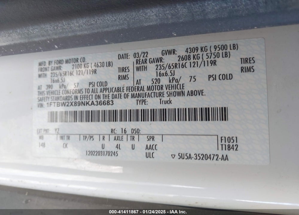 2022 FORD TRANSIT-350 VIN: 1FTBW2X89NKA36683