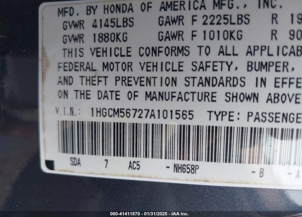 2007 HONDA ACCORD VIN: 1HGCM56727A101565