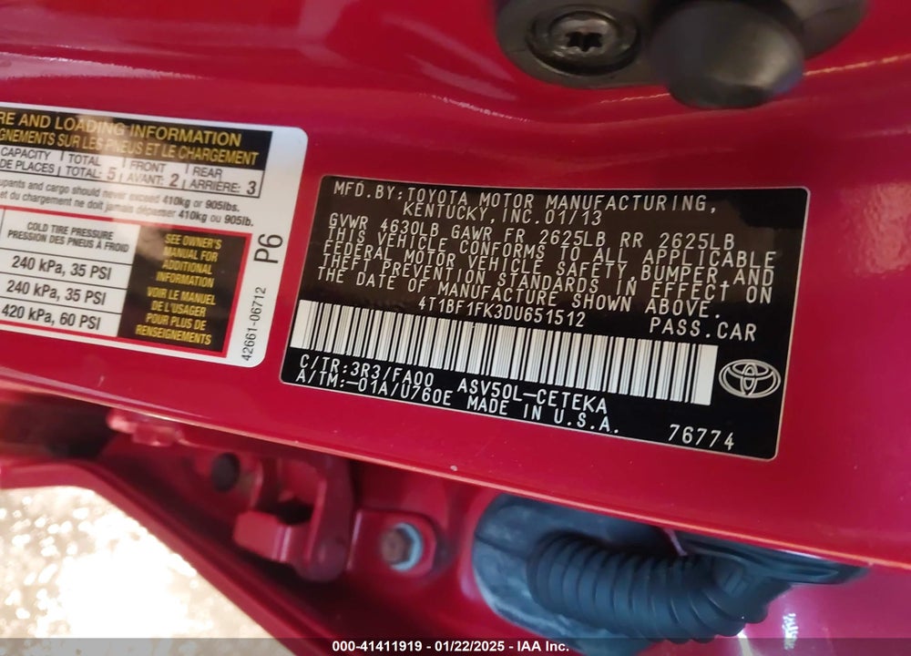 2013 TOYOTA CAMRY VIN: 4T1BF1FK3DU651512