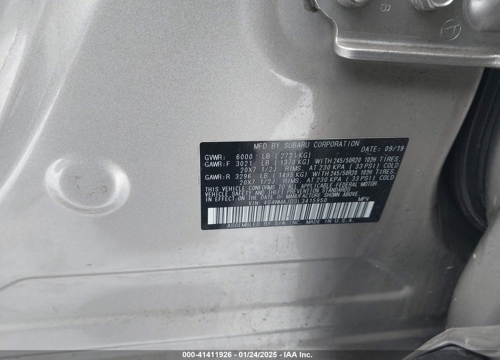 2020 SUBARU ASCENT VIN: 4S4WMAJD3L3415950