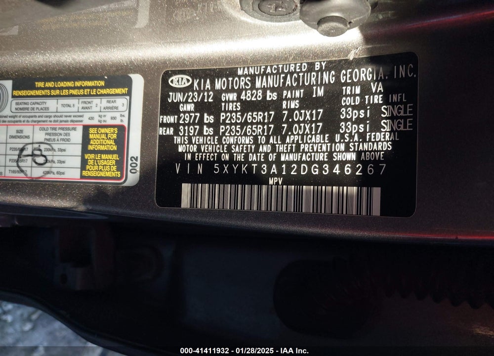 2013 KIA SORENTO VIN: 5XYKT3A12DG346267