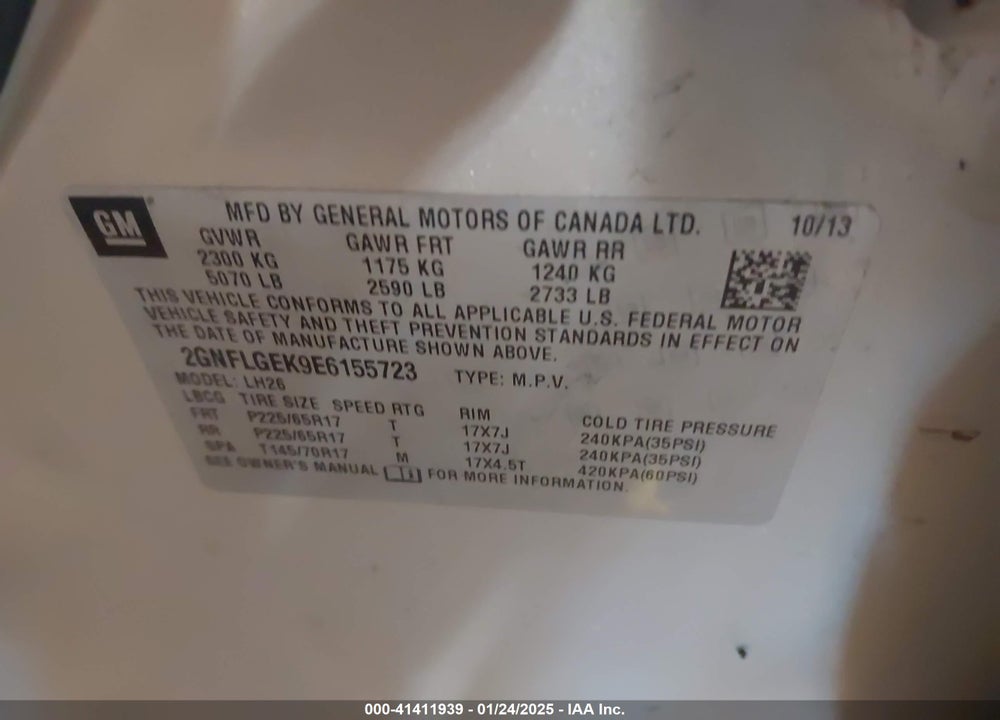 2014 CHEVROLET EQUINOX 2LT VIN: 2GNFLGEK9E6155723