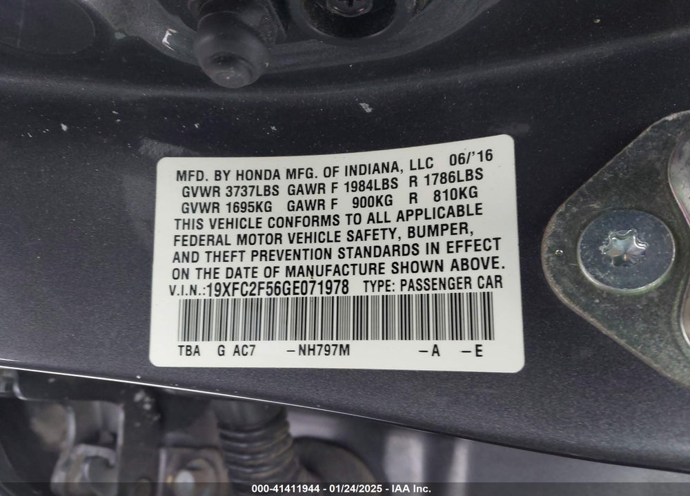 2016 HONDA CIVIC VIN: 19XFC2F56GE071978