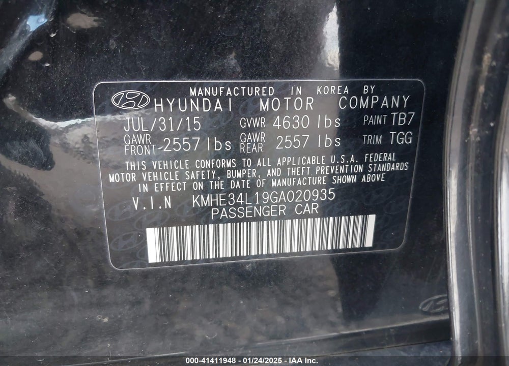 2016 HYUNDAI SONATA HYBRID VIN: KMHE34L19GA020935