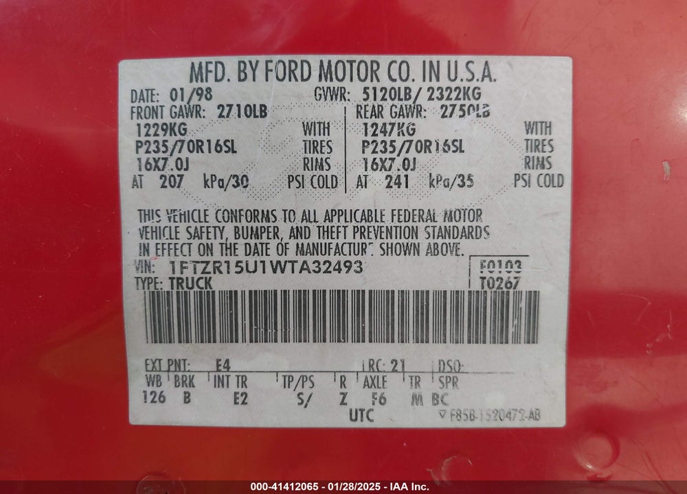 1998 FORD RANGER SPLASH/XL/XLT VIN: 1FTZR15U1WTA32493