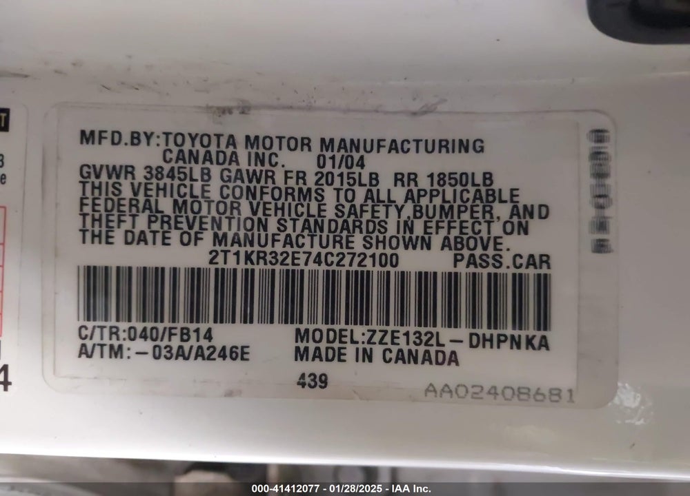 2004 TOYOTA MATRIX/XR VIN: 2T1KR32E74C272100