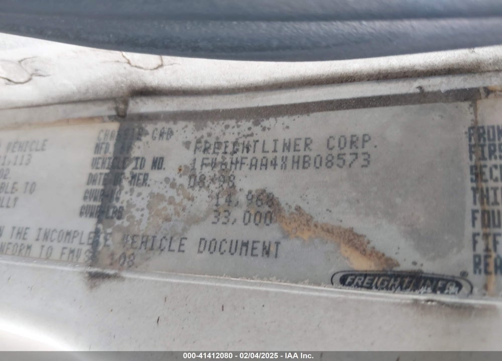 1999 FREIGHTLINER MEDIUM CONVENTIONAL FL70 VIN: 1FV6HFAA4XHB08573