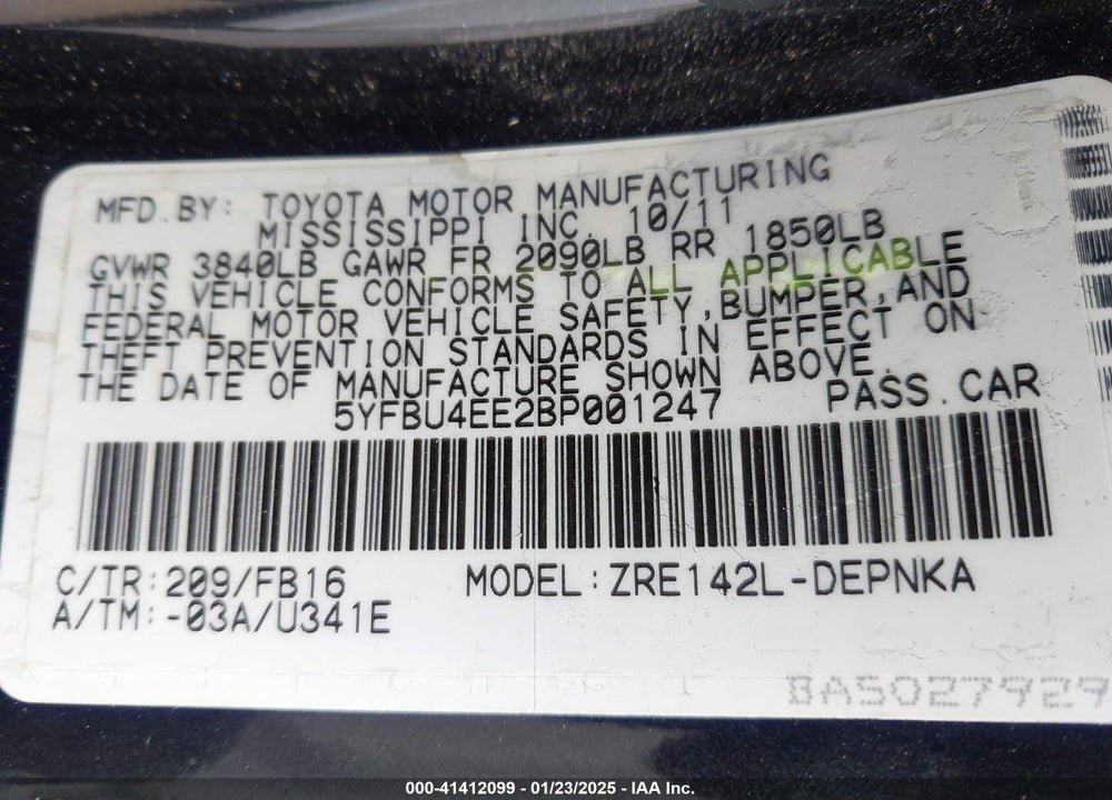 2011 TOYOTA COROLLA LE VIN: 5YFBU4EE2BP001247